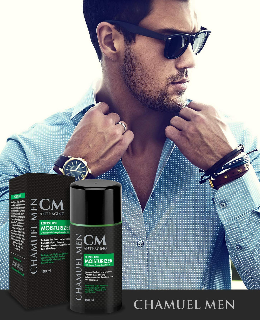 CHAMUEL MEN packaging closeup — 100ml size offers longer use per purchase.