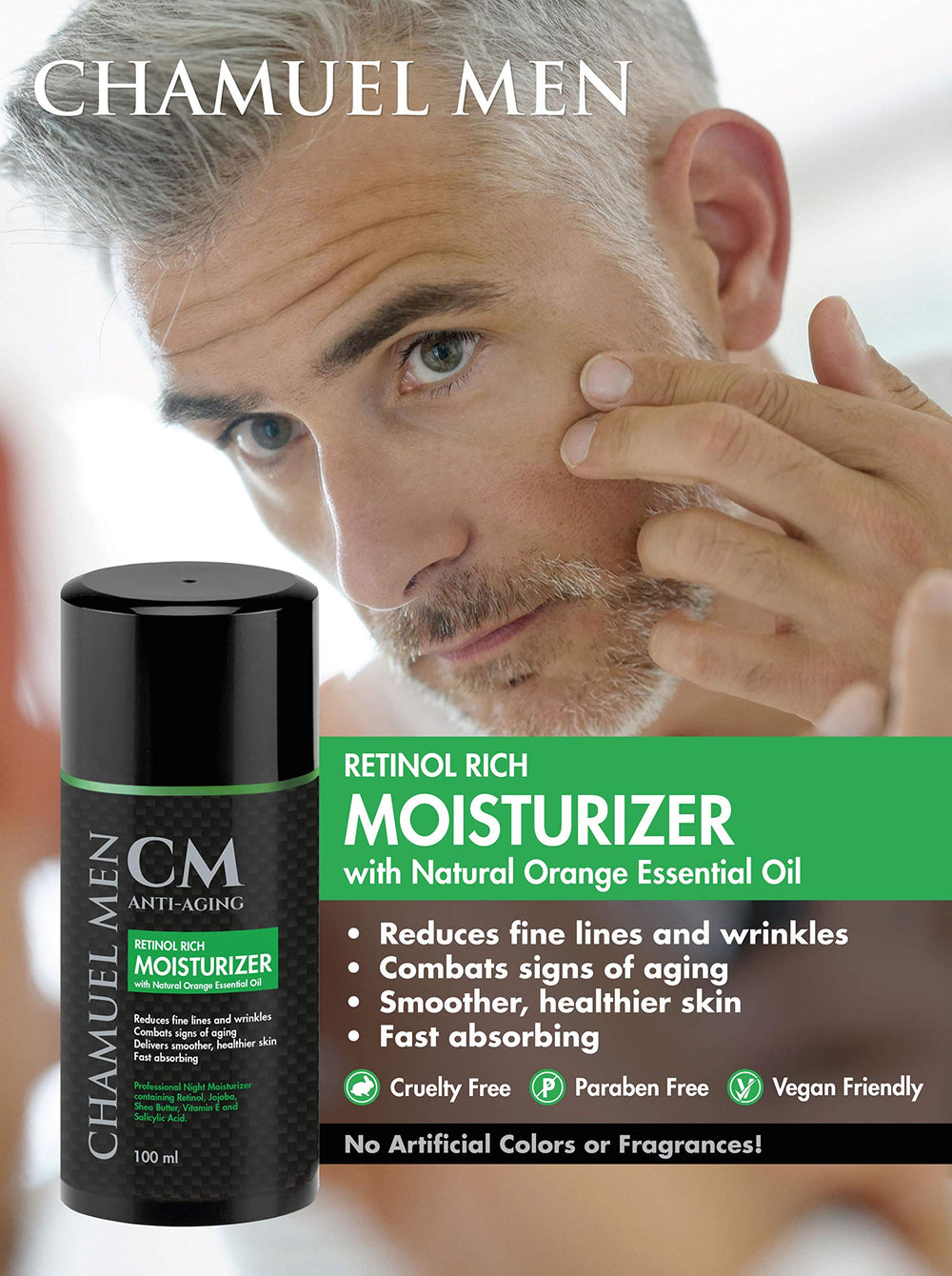 CHAMUEL MEN shea butter component — deeply moisturizes for lasting softness.