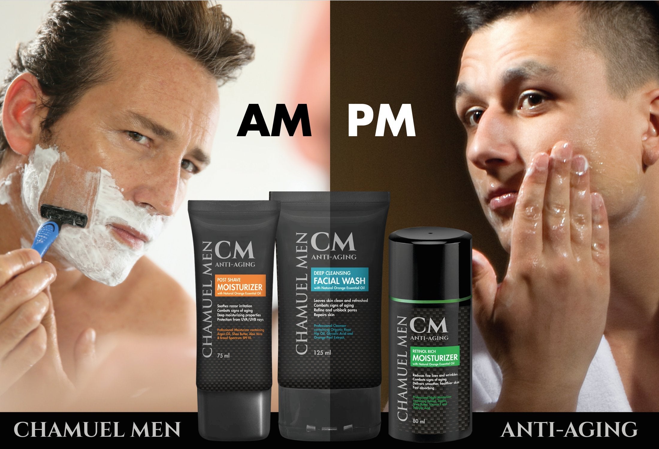 CHAMUEL MEN vitamins A & C graphic — supports skin vitality and radiance.