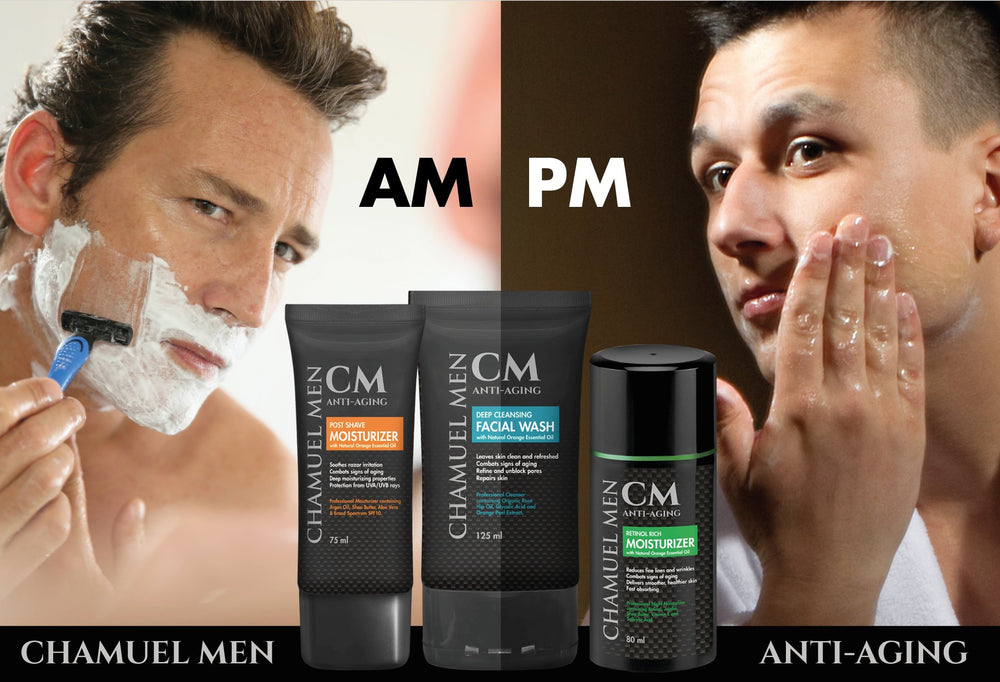 CHAMUEL MEN vitamins A & C graphic — supports skin vitality and radiance.