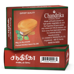Chandrika Sandal Soap sandalwood aroma close-up conveys soothing spa-like scent.