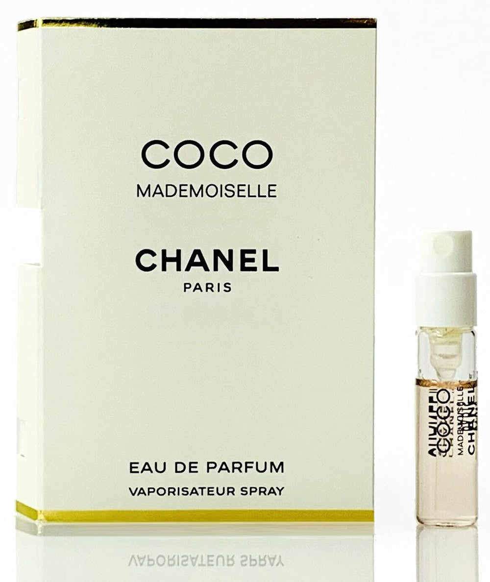 Chanel Coco Mademoiselle Edt vial on card mini offers portable fragrance sampling for travel touch-ups.