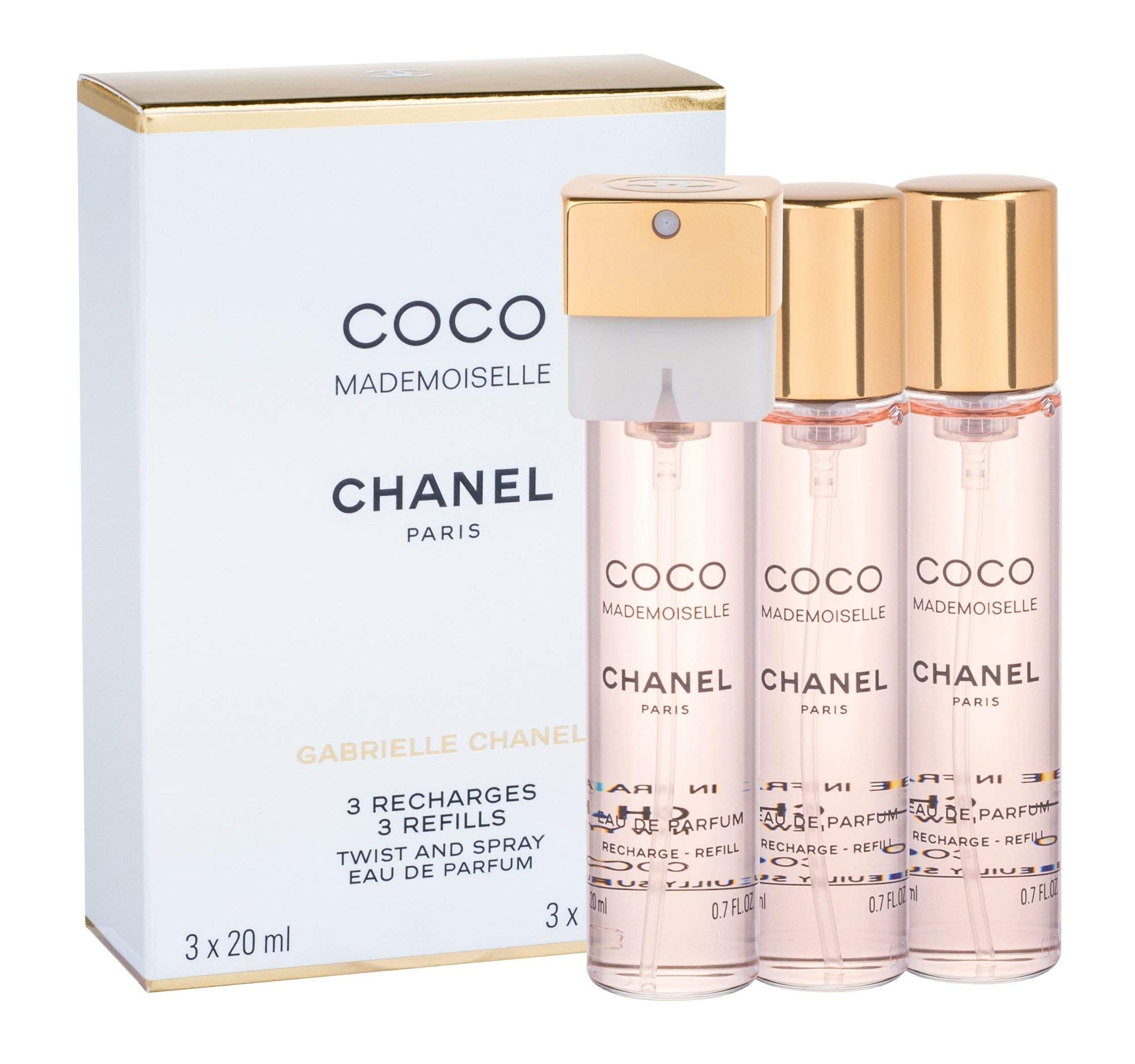 Chanel Coco Mademoiselle refill packaging conveys luxury and practicality for longer wear.