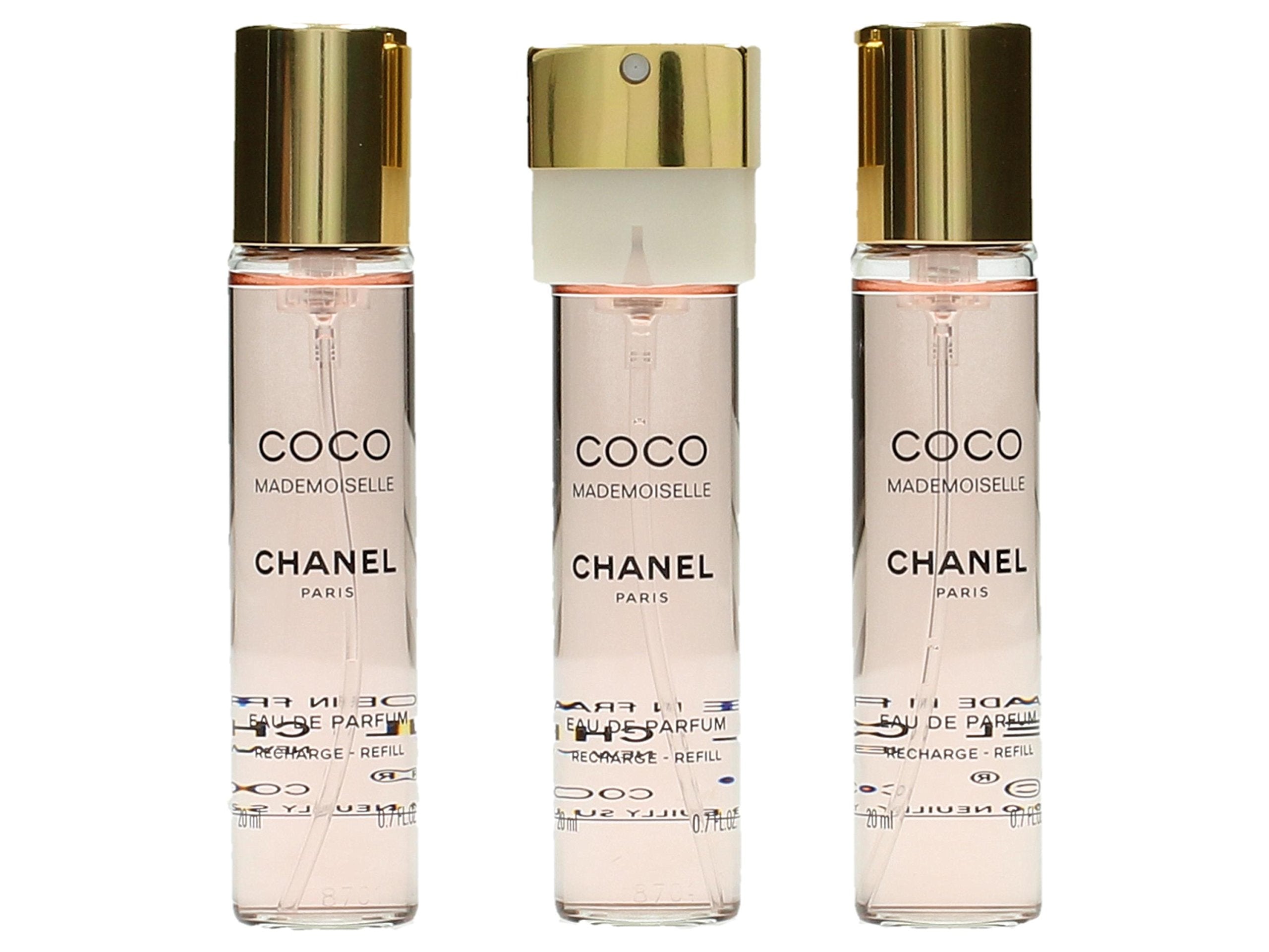 Chanel Coco Mademoiselle twist-spray refill showcases travel-friendly packaging for convenient fragrance refresh.
