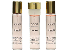 Chanel Coco Mademoiselle twist-spray refill showcases travel-friendly packaging for convenient fragrance refresh.