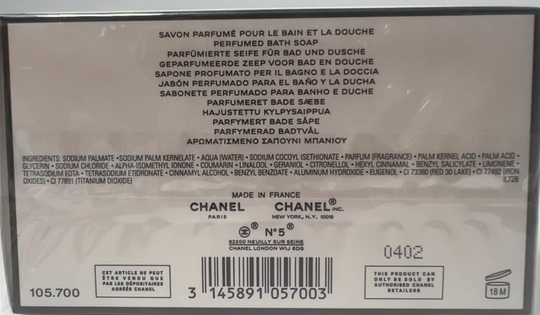 Chanel No 5 bath soap jasmine note close-up suggests fresh, uplifting morning routine.