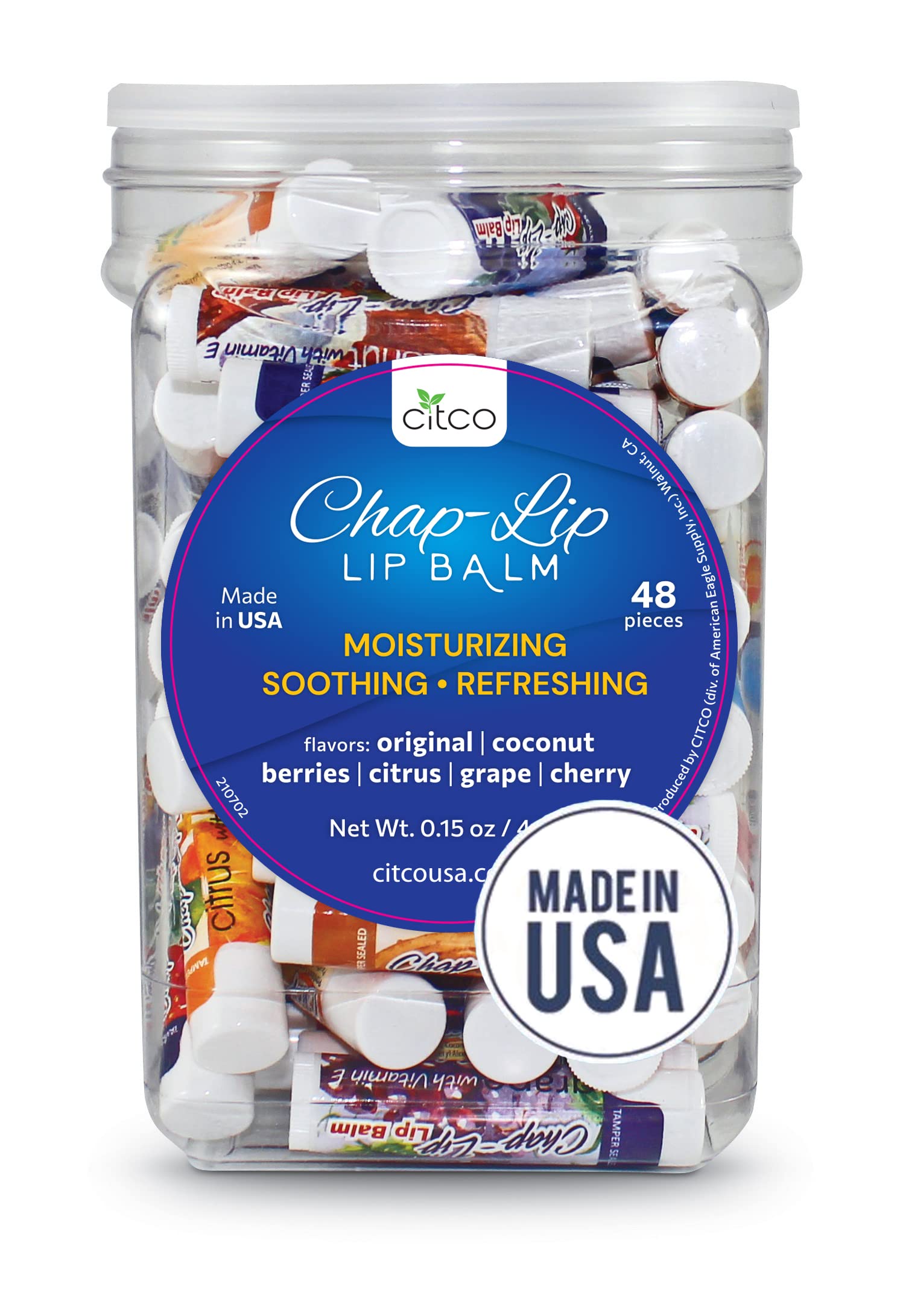 Chap-Lip Lip Balm jar with 48 tubes for total lip hydration.