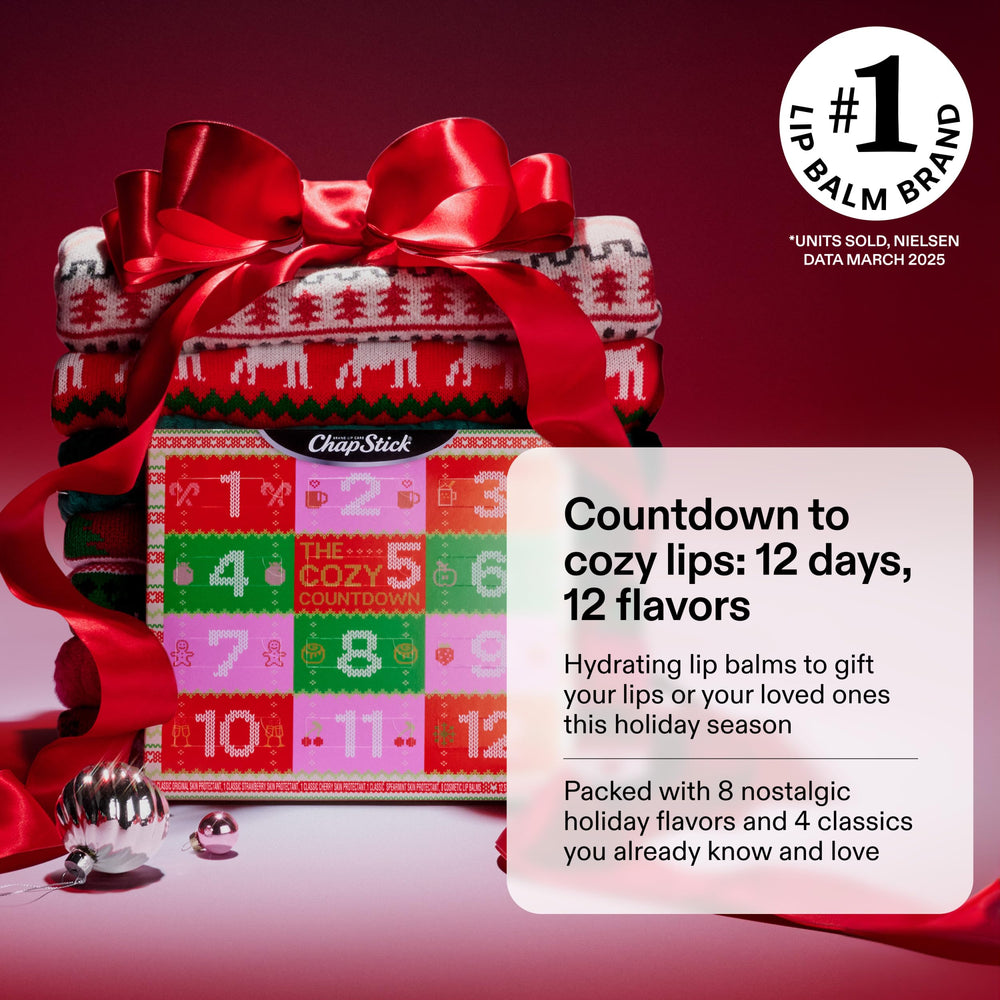 ChapStick Advent Calendar 12 balms inside showing daily festive hydration