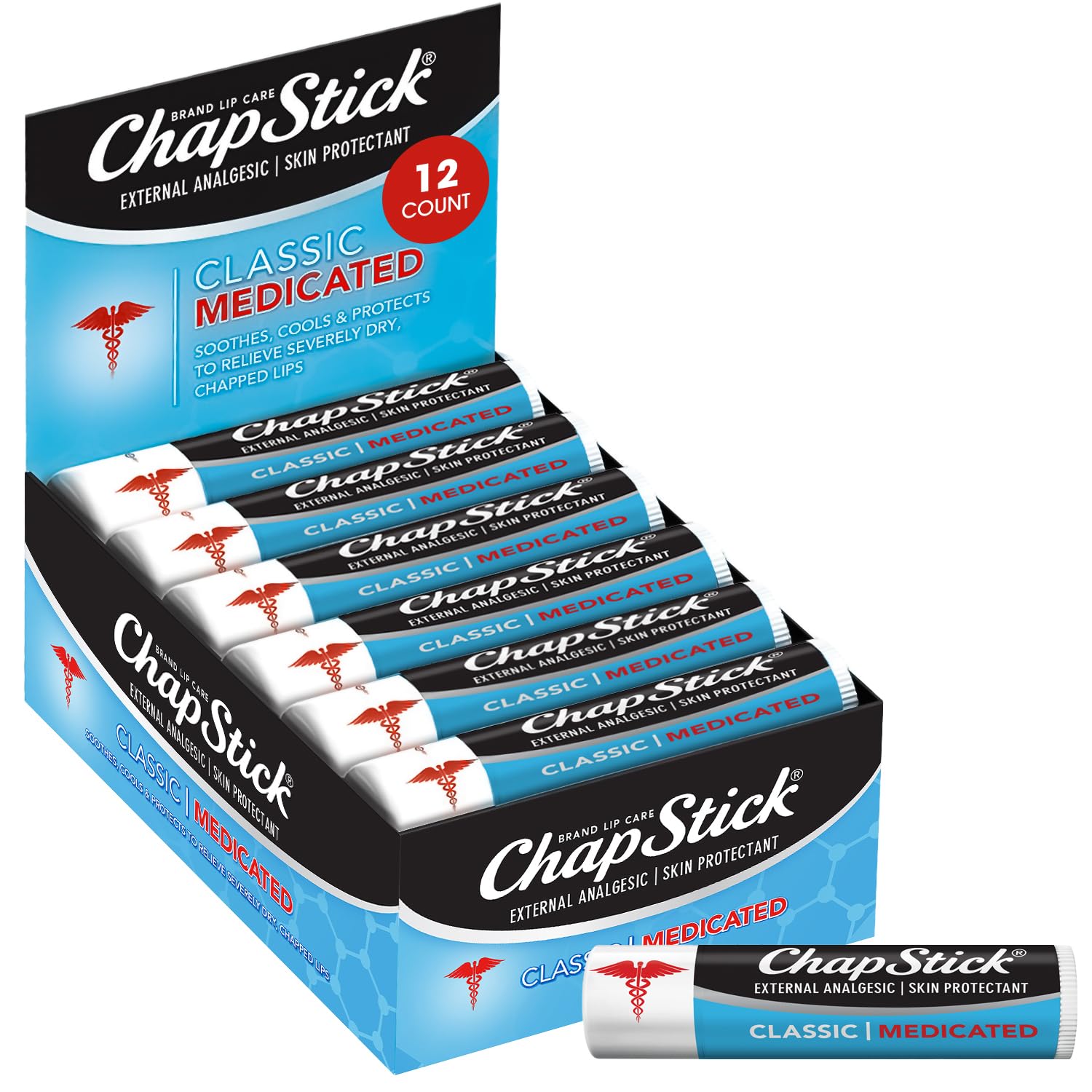 ChapStick bulk medicated lip balm 12-pack front view highlights convenient bulk packaging for on-the-go care.