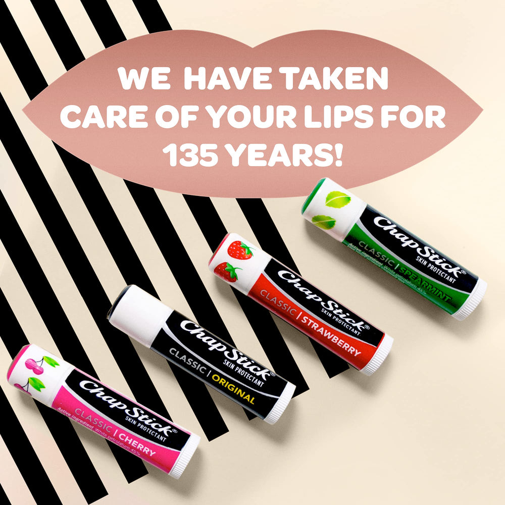 ChapStick Cake Batter dry-lip close-up shows moisturizing action.