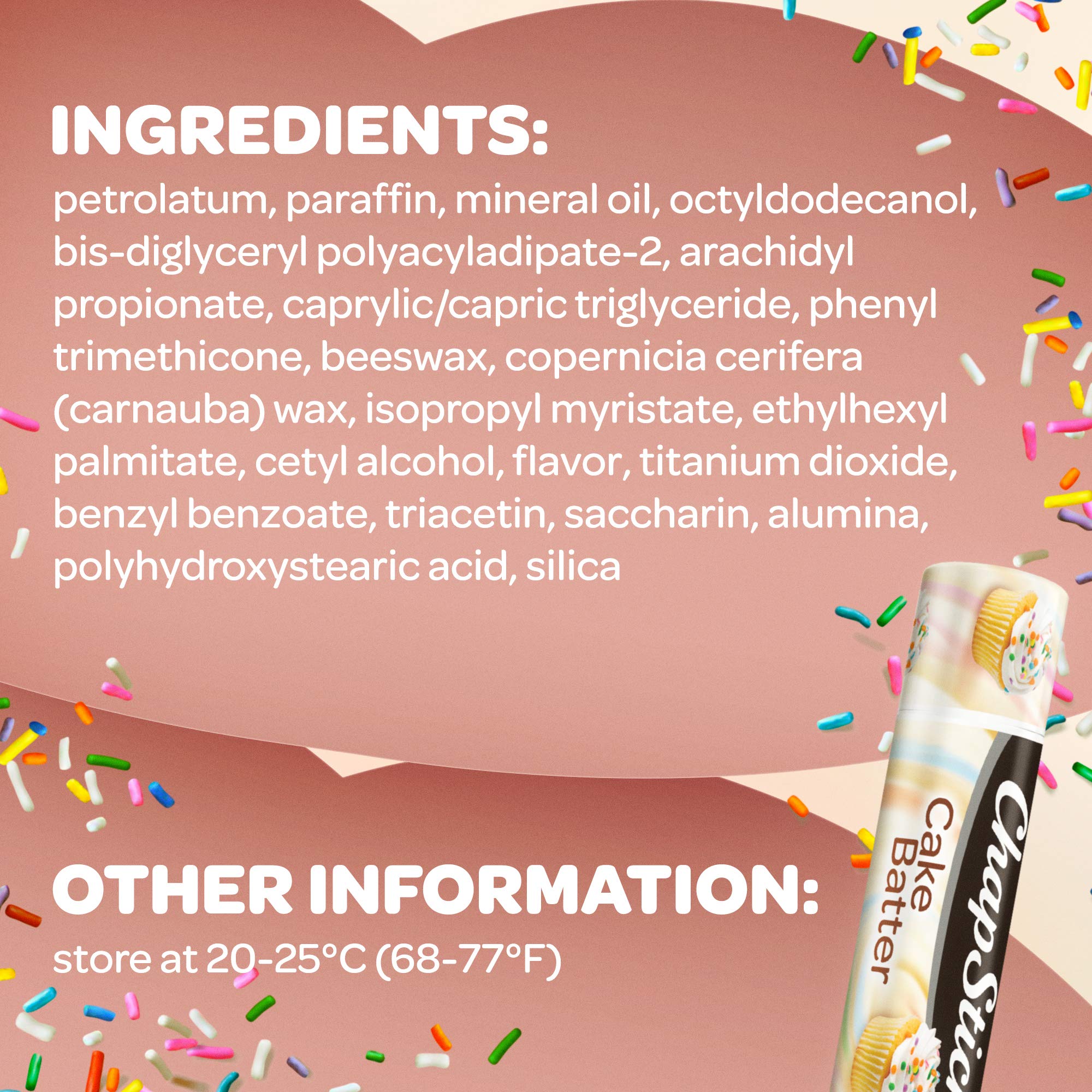 ChapStick Cake Batter tubes close-up showing flavor and smooth application.
