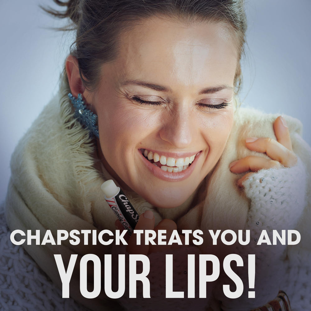 ChapStick Candy Cane outer box display suggests seasonal gifting and quick lip care.