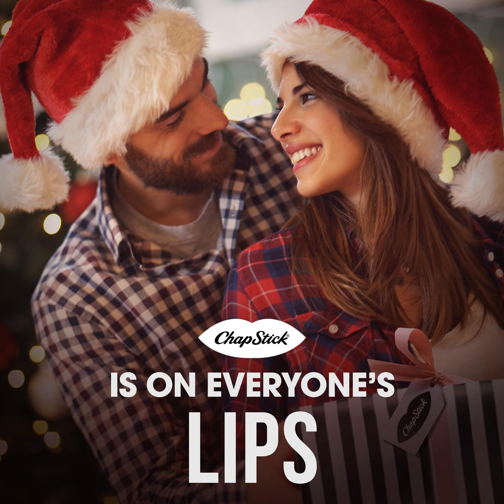 ChapStick Candy Cane texture close-up highlights non-greasy glide and hydration.