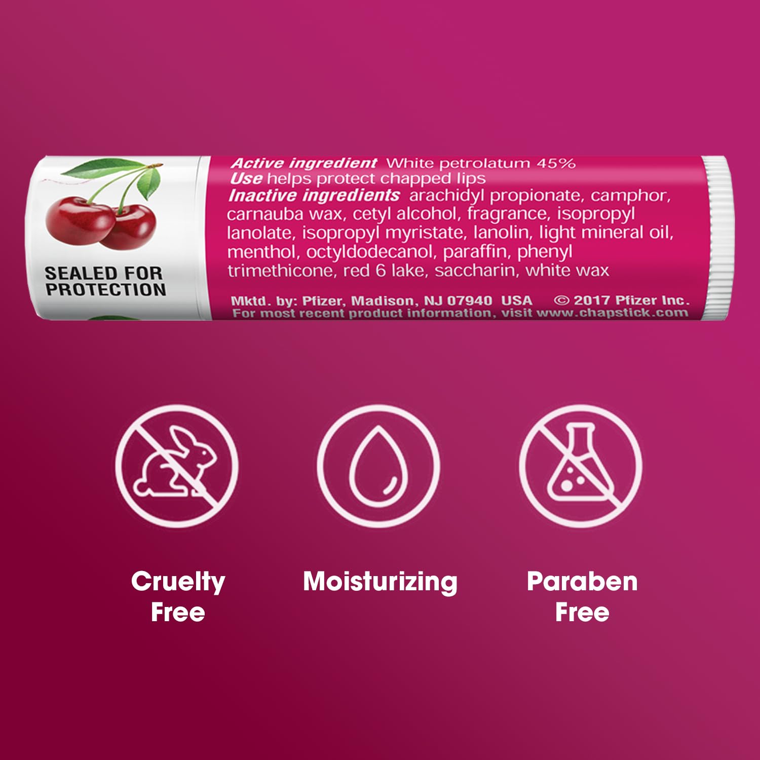 ChapStick Classic Cherry tucked in a pocket for on-the-go lip moisture.