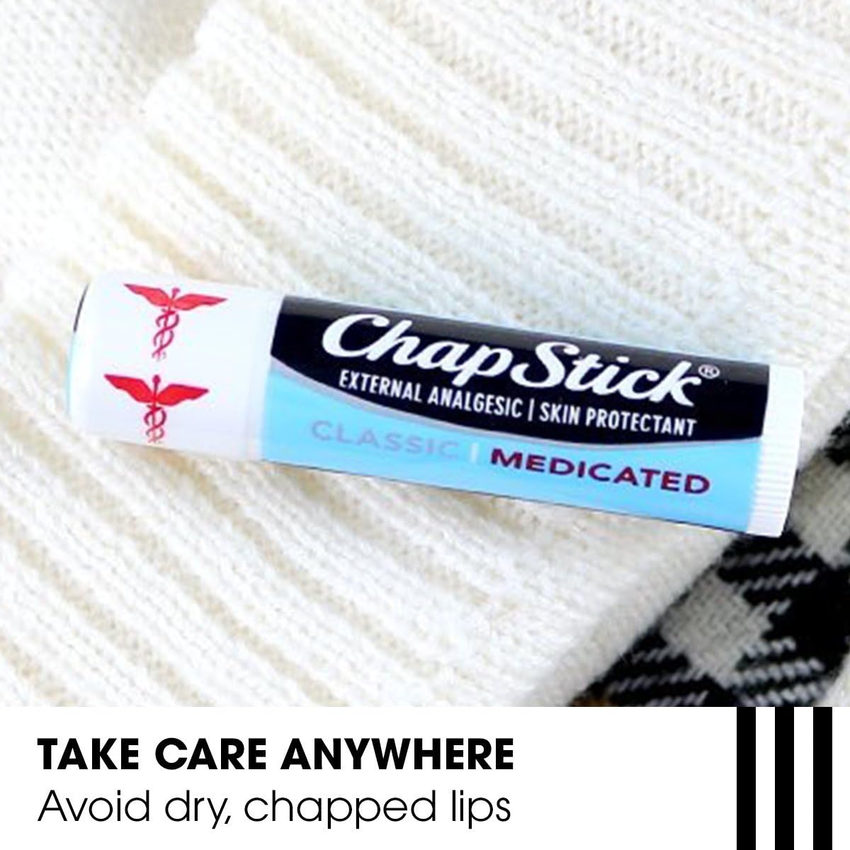 ChapStick Classic Medicated on hand demonstrates quick reapplication on the go.