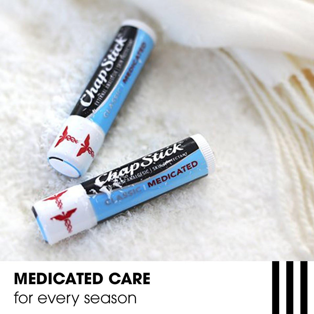 ChapStick Classic Medicated closeup of camphor, menthol and phenol ingredients.