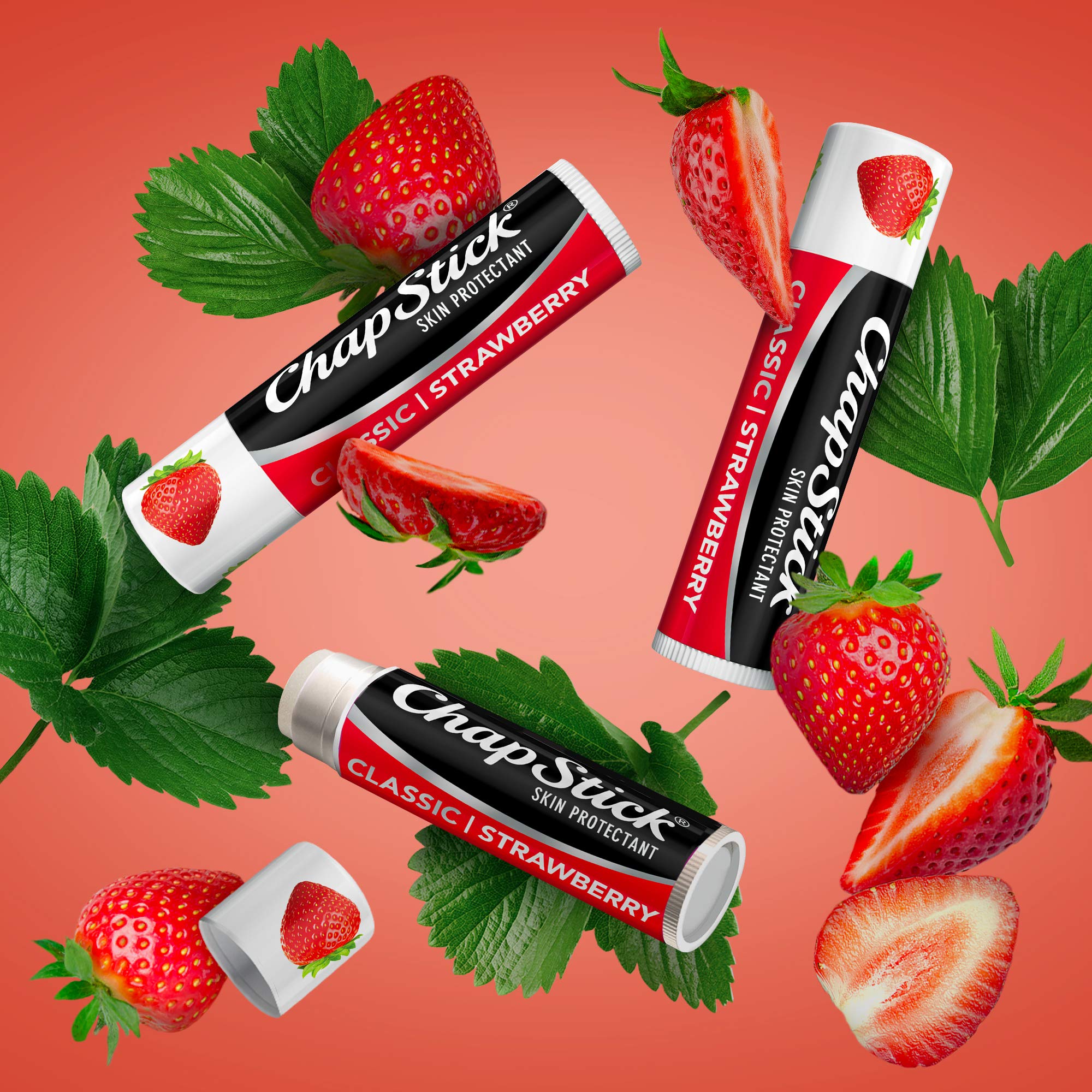 ChapStick Classic Strawberry brand logo and trusted lip care.