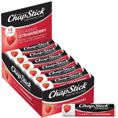 ChapStick Classic Strawberry lip balm tubes in a twelve-pack ready for on-the-go hydration.
