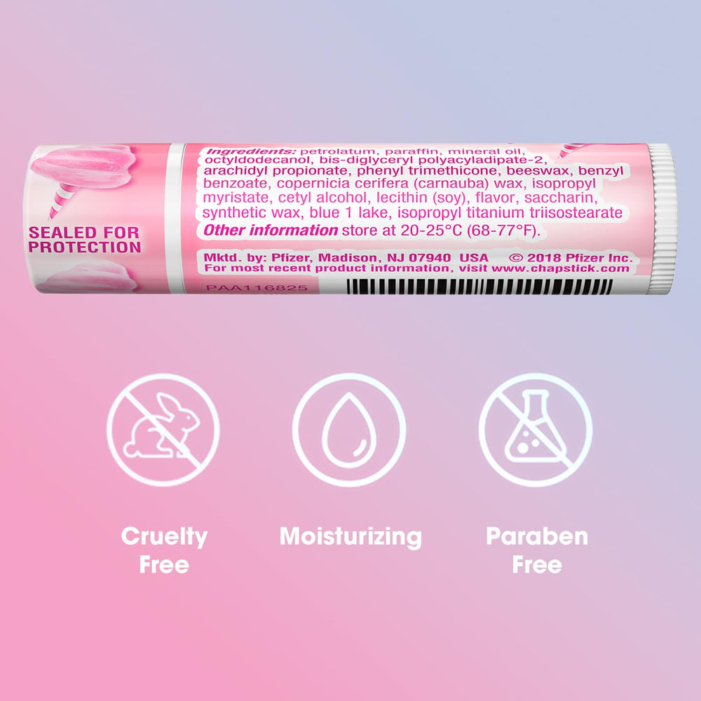 ChapStick Cotton Candy texture shown during application delivering slip-free hydration.
