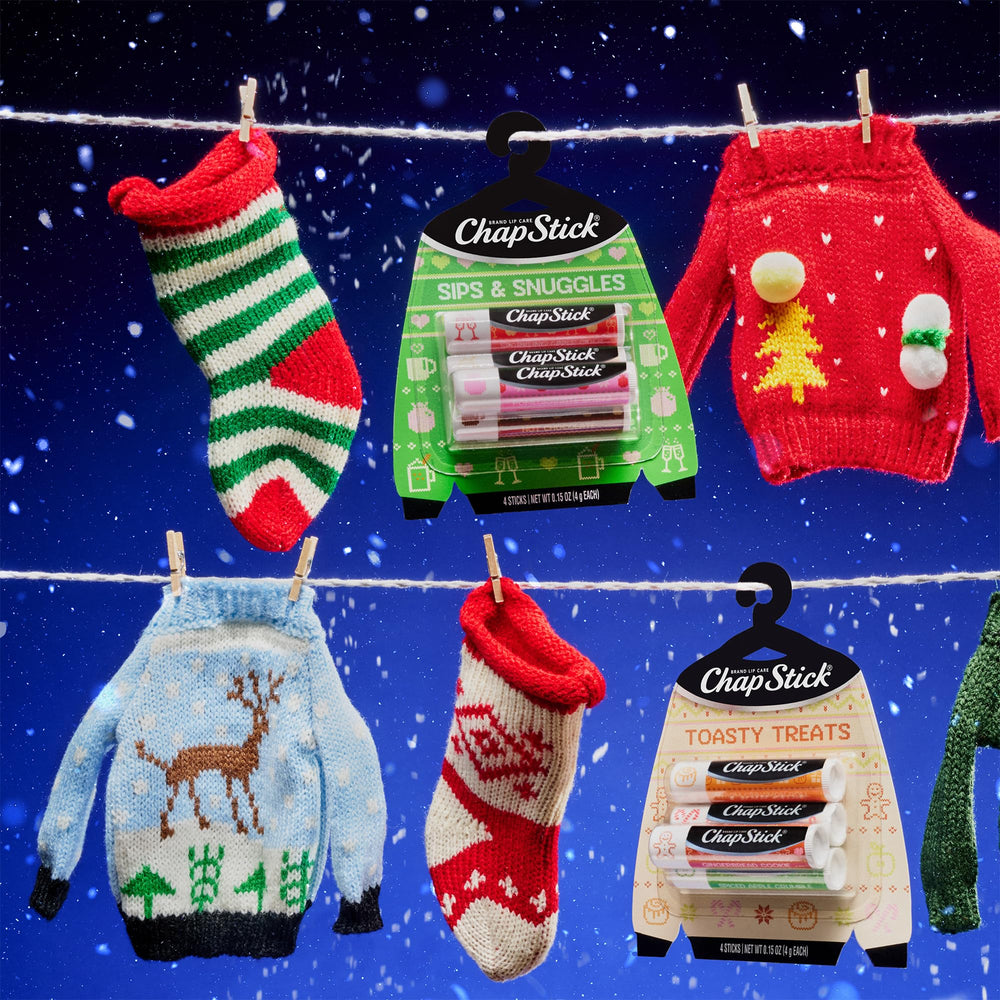 ChapStick holiday sweater ornament included in packaging adds seasonal gifting charm.