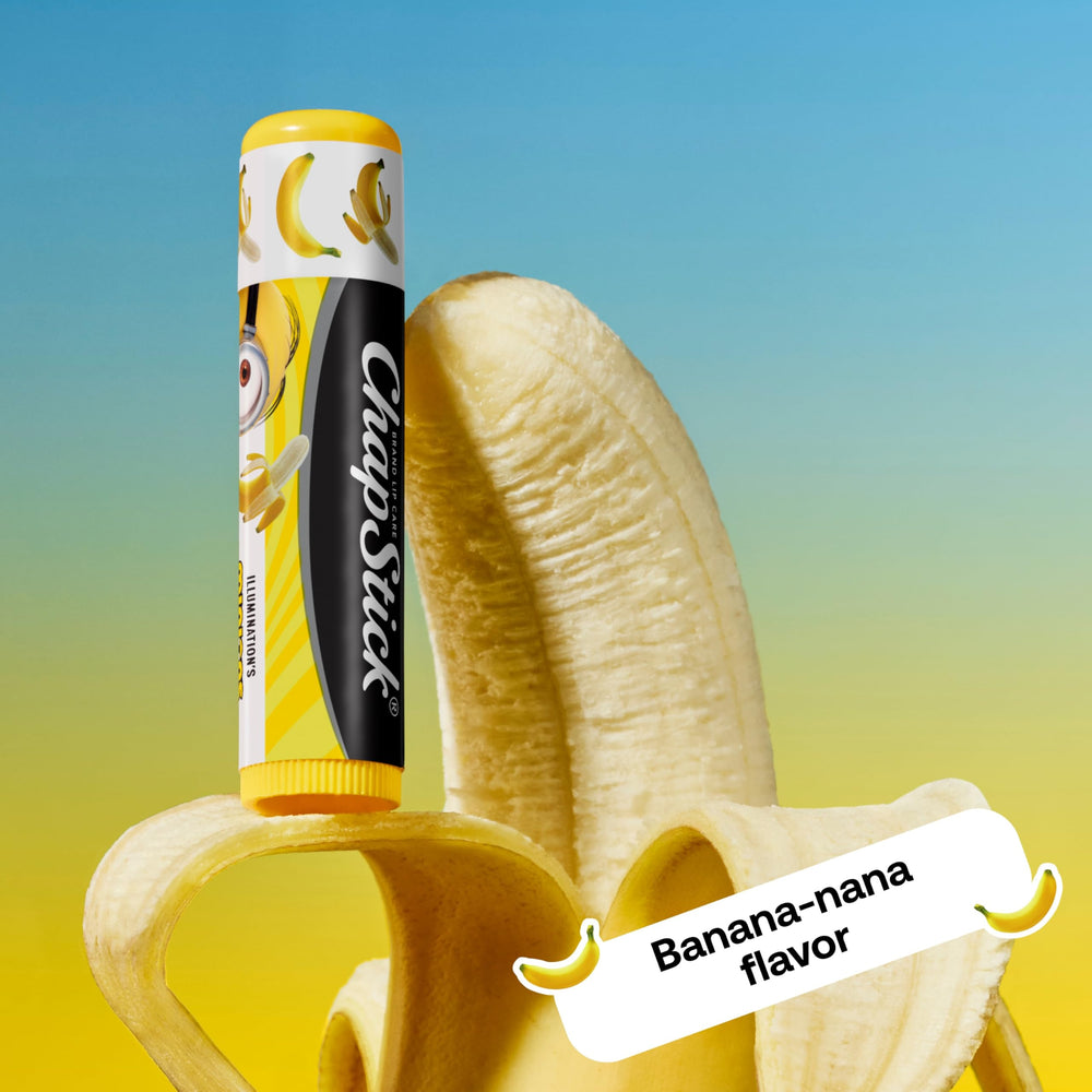 ChapStick Minions banana-berry flavor close-up for school and playtime.