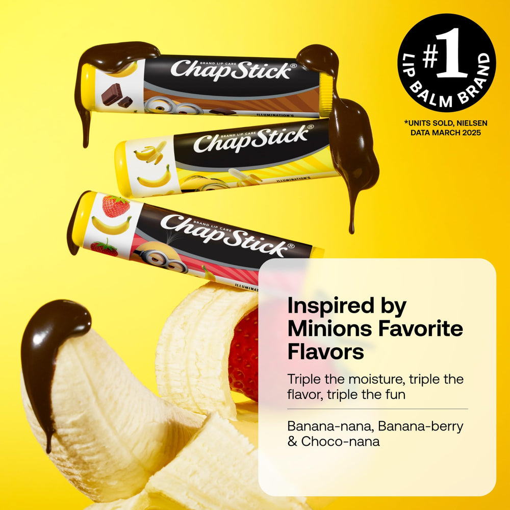 ChapStick Minions banana-nana flavor close-up for on-the-go kids lips.
