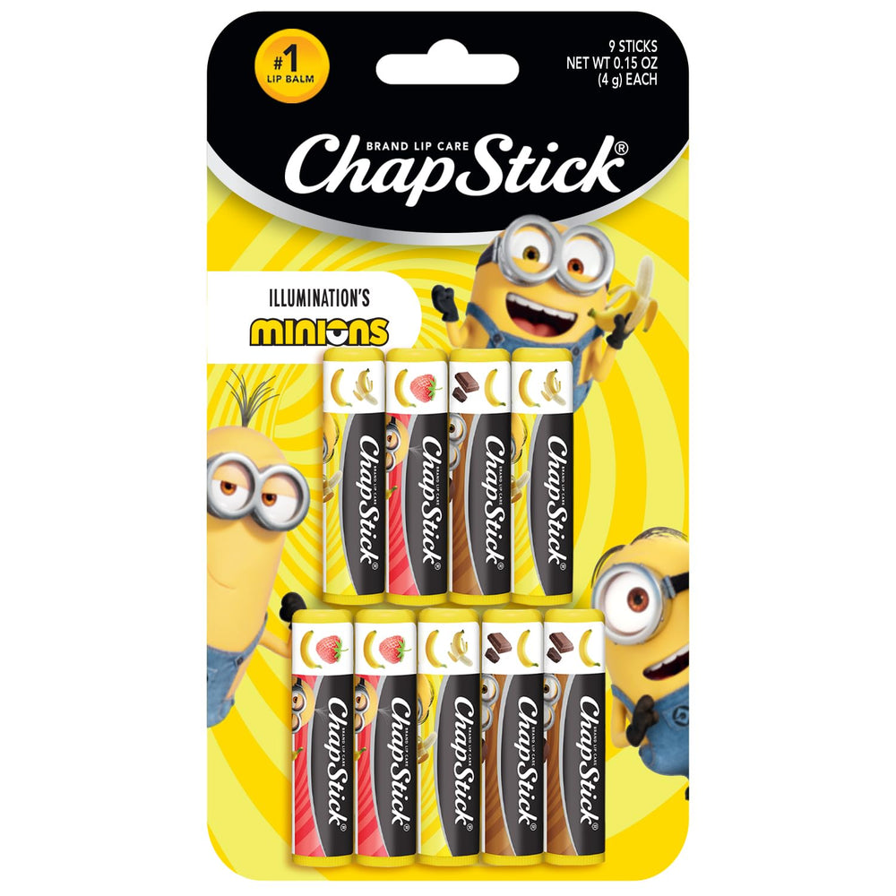 ChapStick Minions banana variety-pack packaging for party favors.