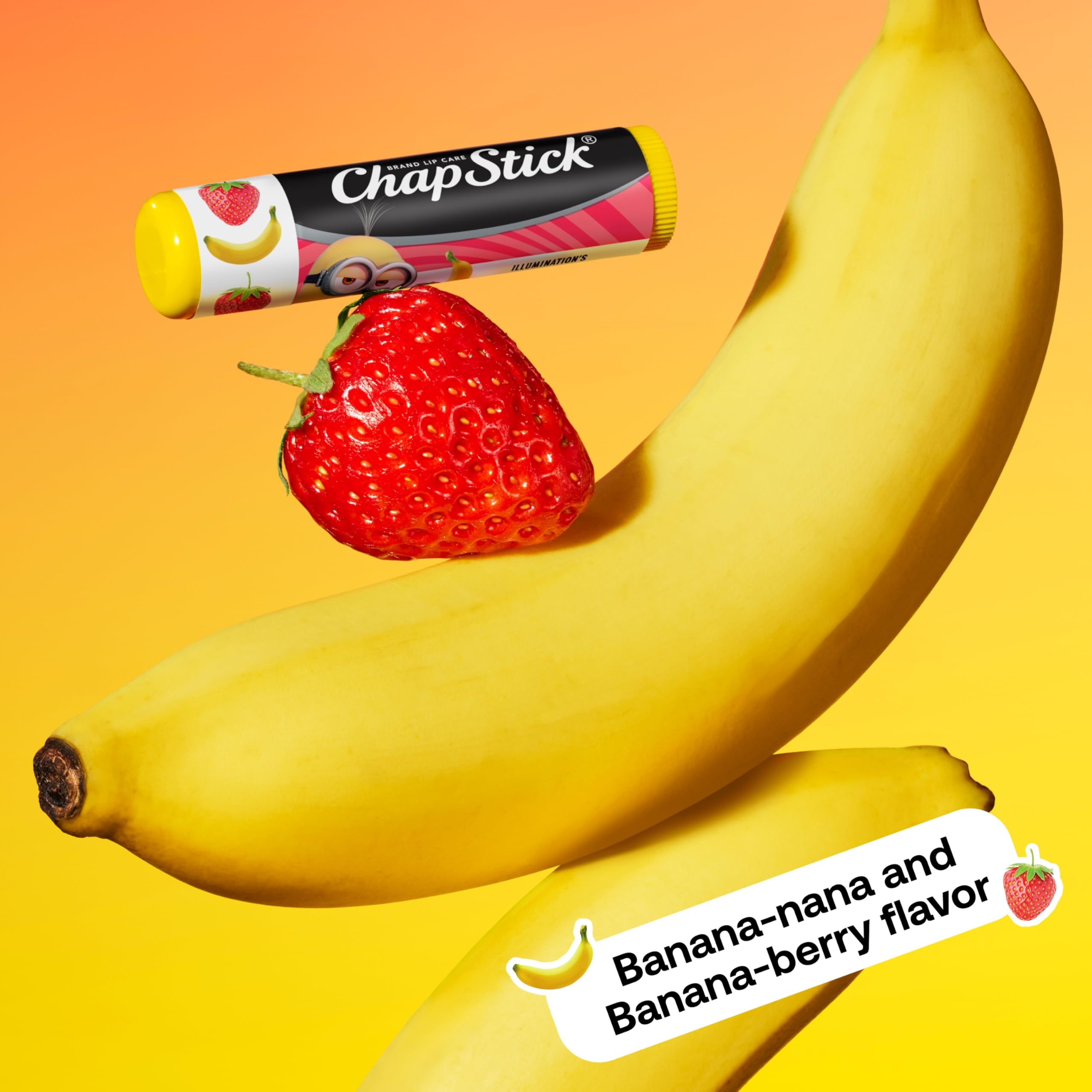 ChapStick Minions choco-nana flavor close-up for fun lip care.