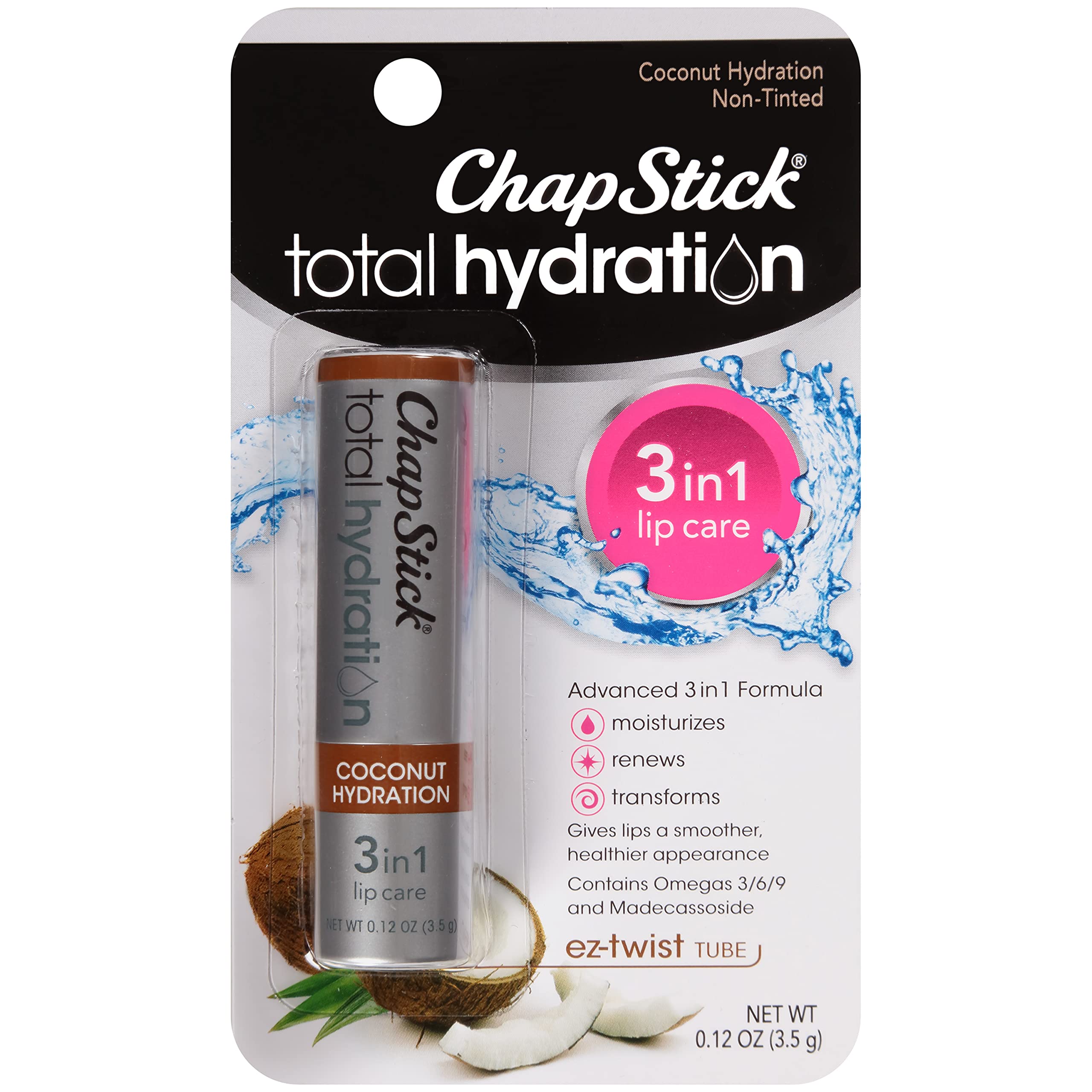ChapStick Total Hydration Coconut lip balm tube front view for long-lasting moisture.