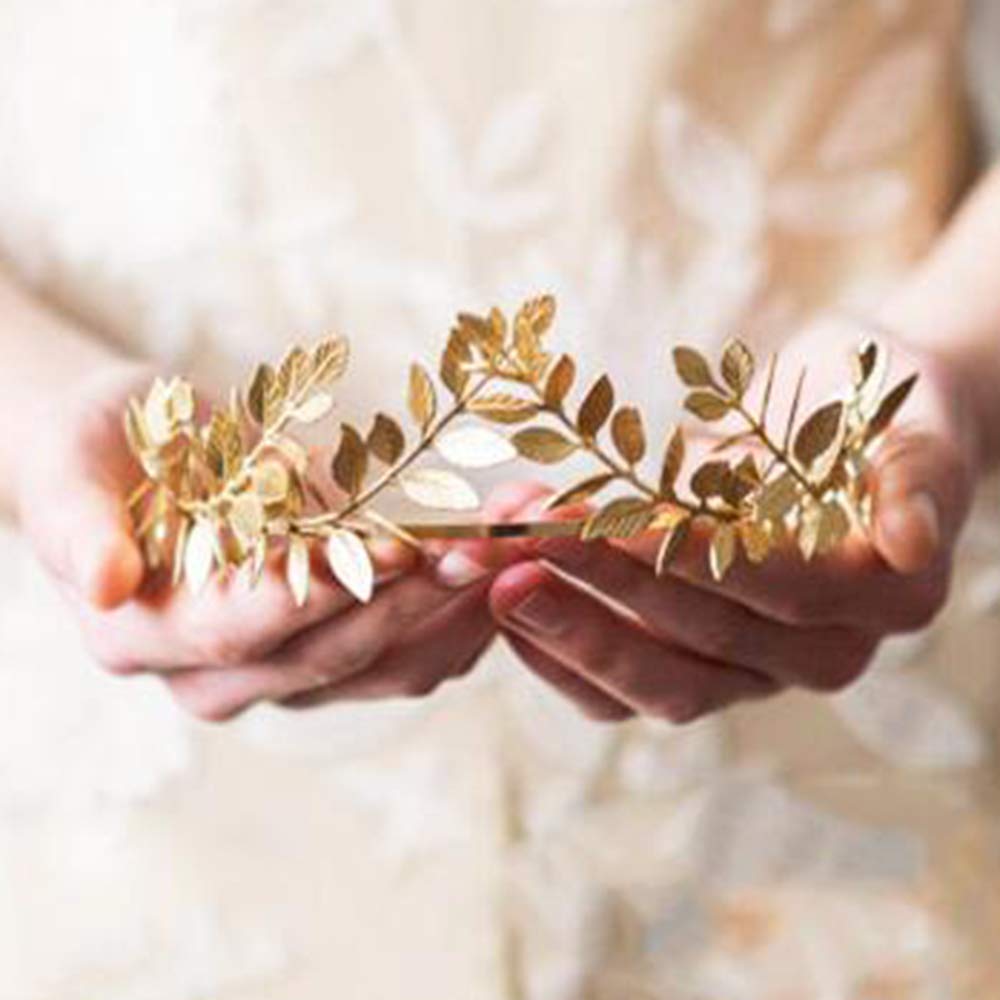 Chargances gold leaf crown wedding photo-ready accessory complements bridal attire