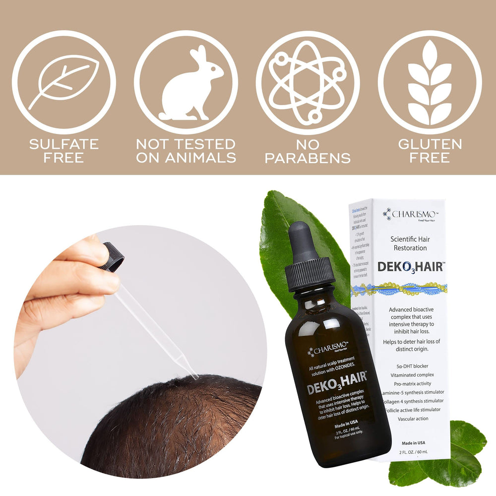 Charismo Dekohair serum dropper showing clear, non-oily texture for easy styling