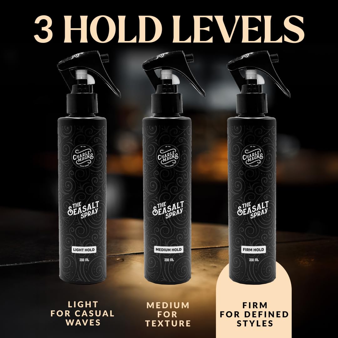 Charlemagne sea salt spray matte finish on hair demonstrates natural, non-crunch texture.