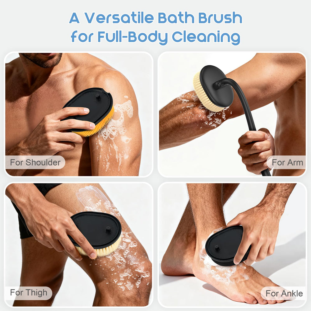 Charlie & Mollie long-handle-back-scrubber extends reach for comfortable bathing.