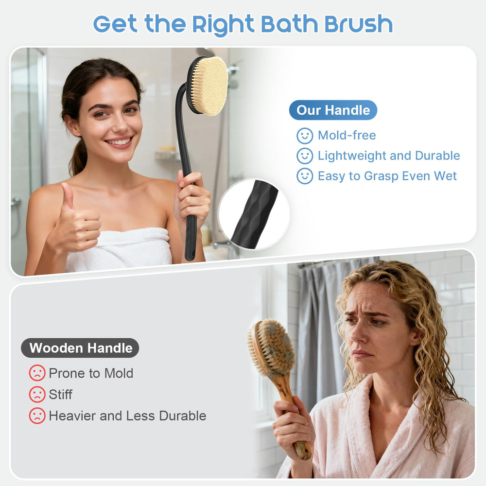 Charlie & Mollie wet-dry-back-brush supports versatile use in shower or bath.