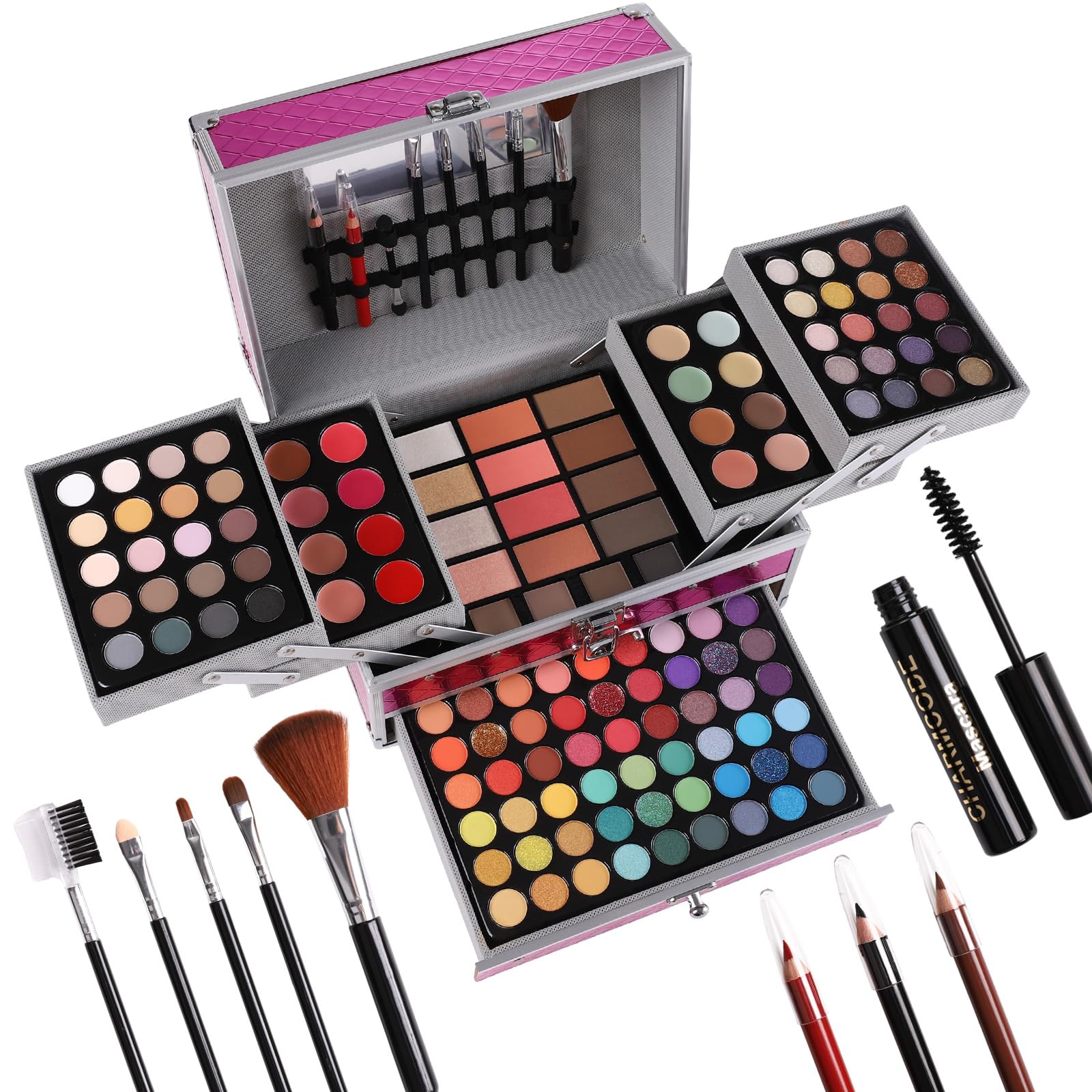 CHARMCODE all-in-one makeup gift set Cerise opens to reveal organized eye, lip, and cheek cosmetics.