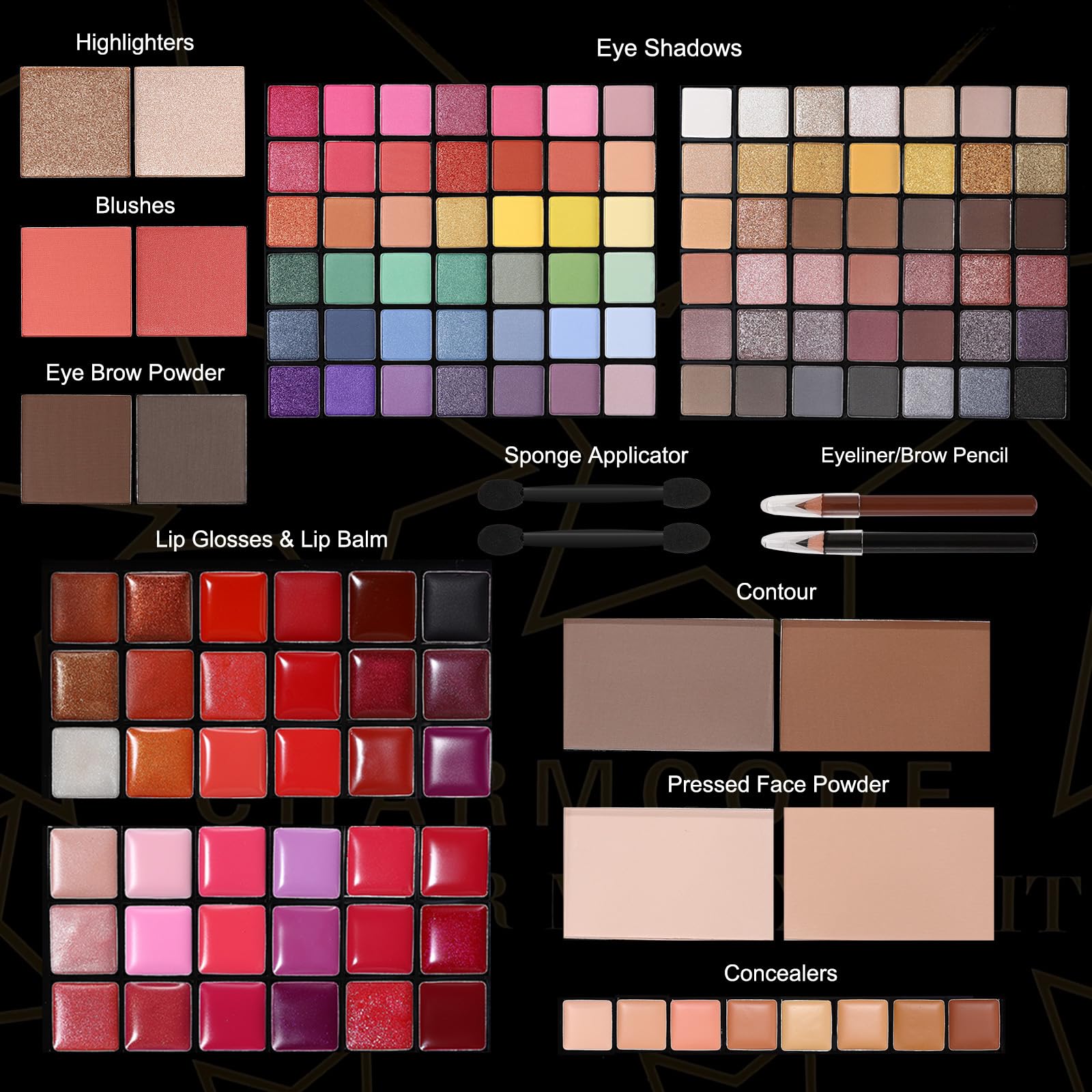 CHARMCODE All in One Makeup Kit open palette view highlights 138 shades for personalised styles.