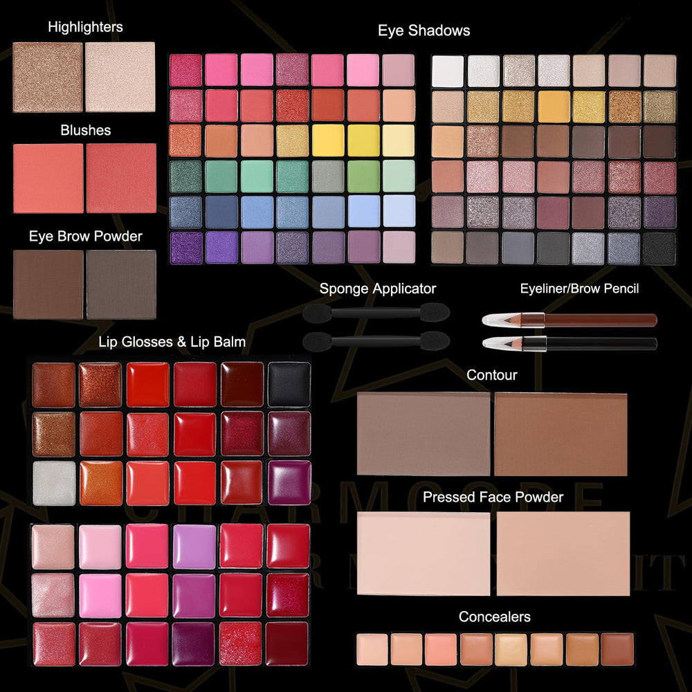 CHARMCODE All in One Makeup Kit open palette view highlights 138 shades for personalised styles.