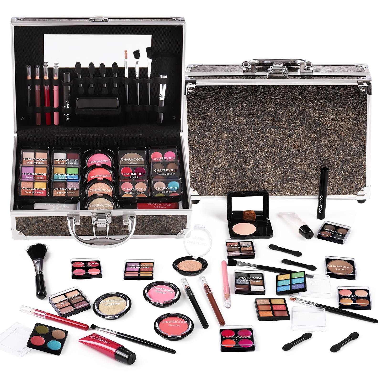 CHARMCODE train case open shows travel-ready makeup with organized compartments for quick routines