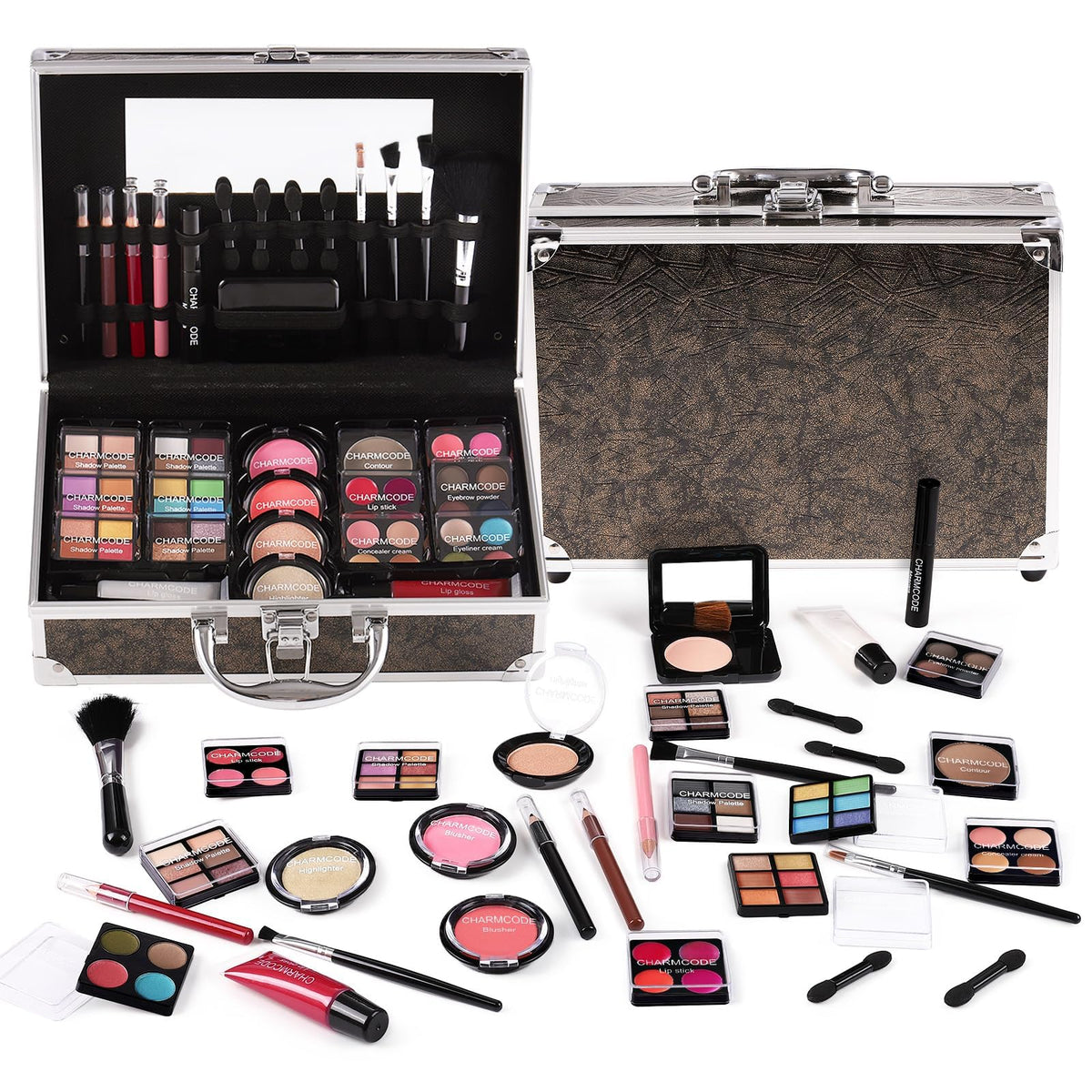 CHARMCODE train case open shows travel-ready makeup with organized compartments for quick routines