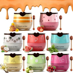 Charm Kiss lip balm pot close-up with eight fruit flavors for hydration.
