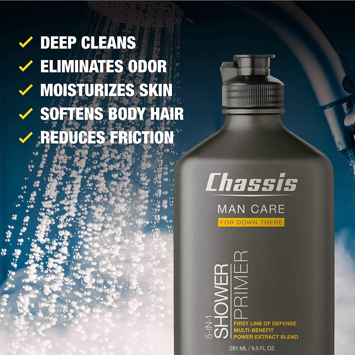 Chassis deep-cleansing bodywash lather shows thorough cleansing and refreshing rinse