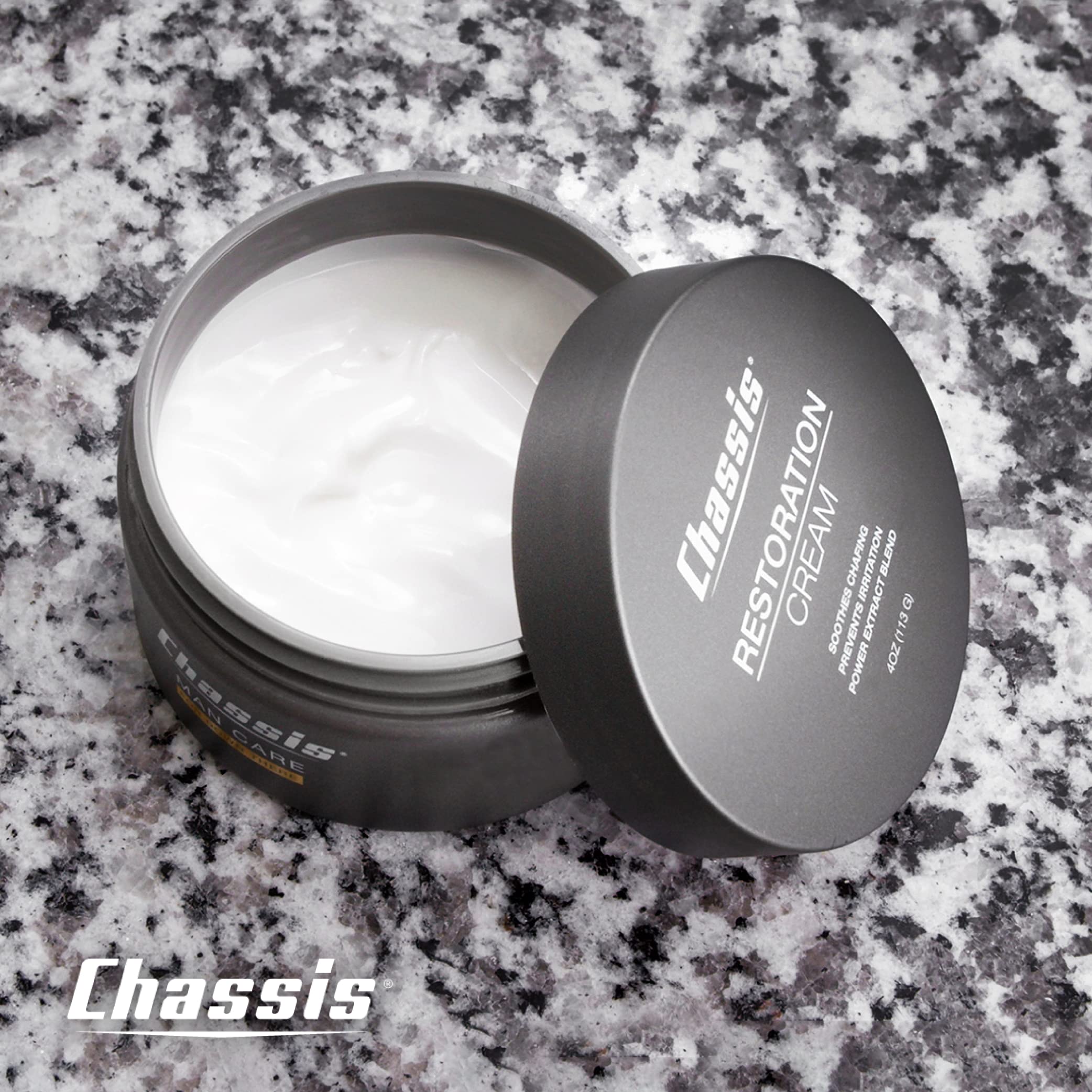Athlete uses Chassis Restoration Cream for inner thigh comfort during a run