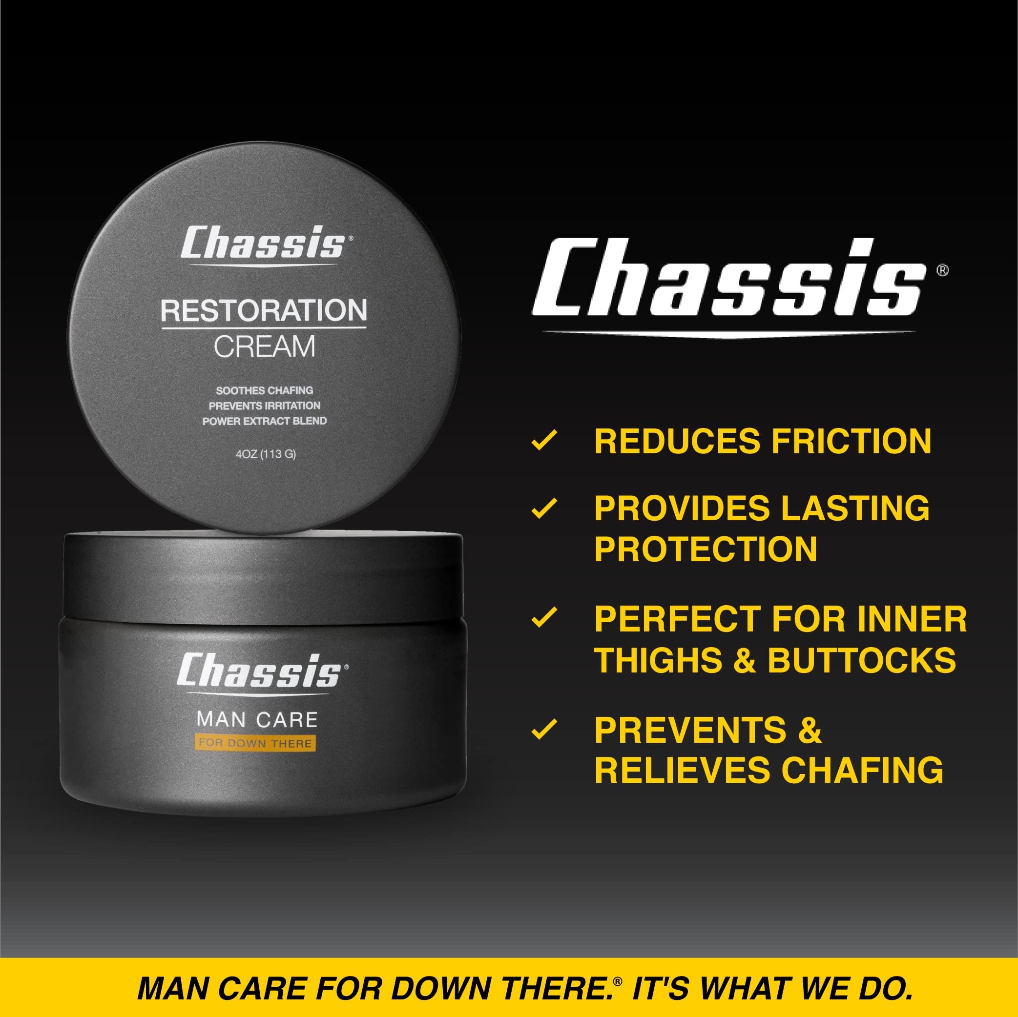 Chassis Restoration Cream packaging displayed on a shelf highlighting talc-free protection