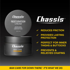Chassis Restoration Cream packaging displayed on a shelf highlighting talc-free protection