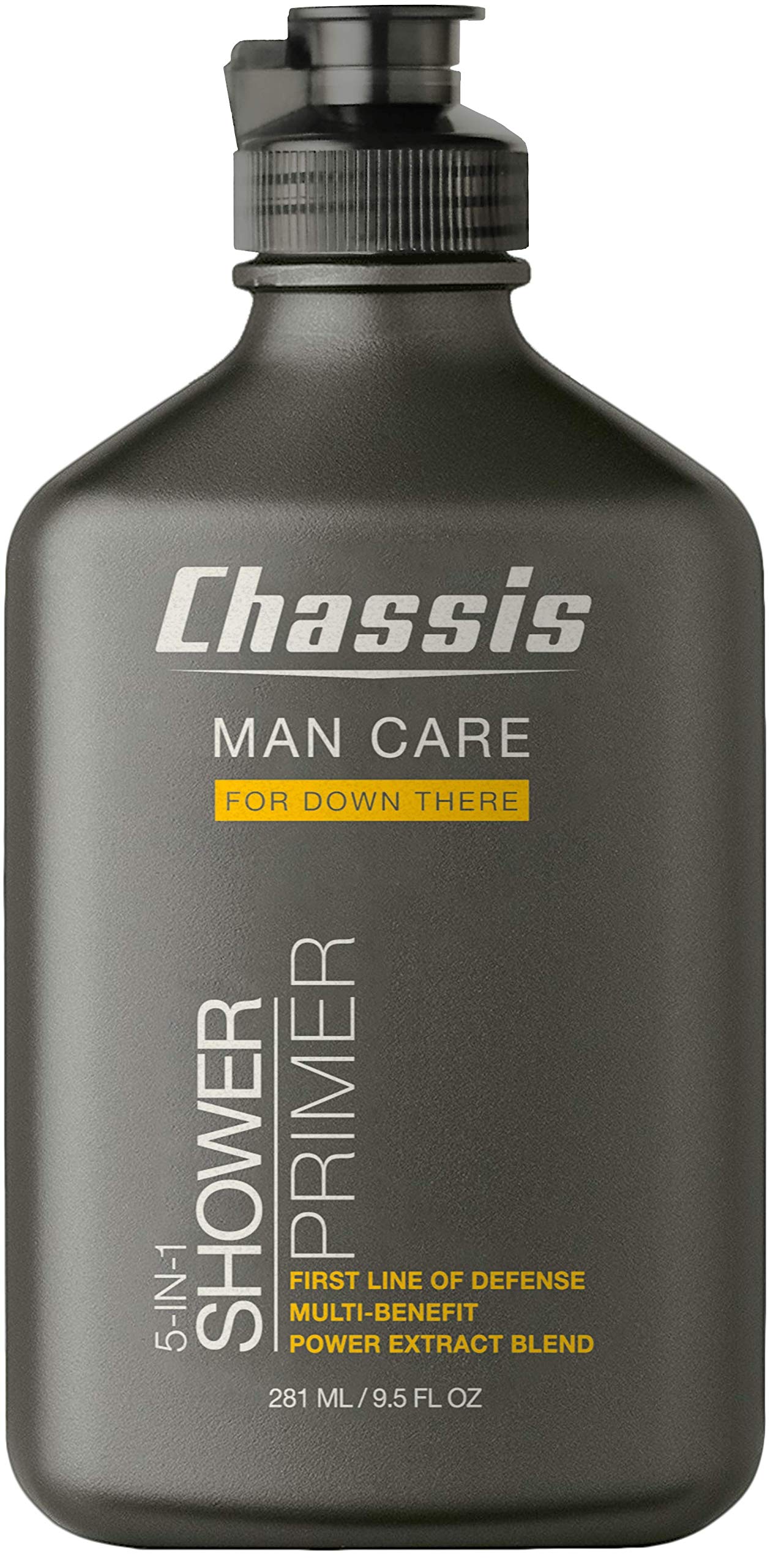 Chassis Shower Primer bottle demonstrating 5-in-1 cooling and anti-chafe skin care