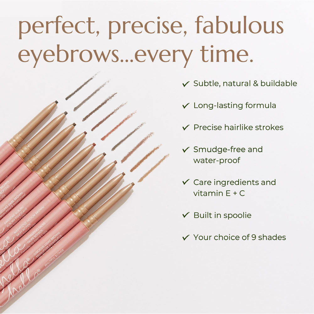 Chella Eyebrow Pencil precision tip close-up enables fine, natural-looking strokes.