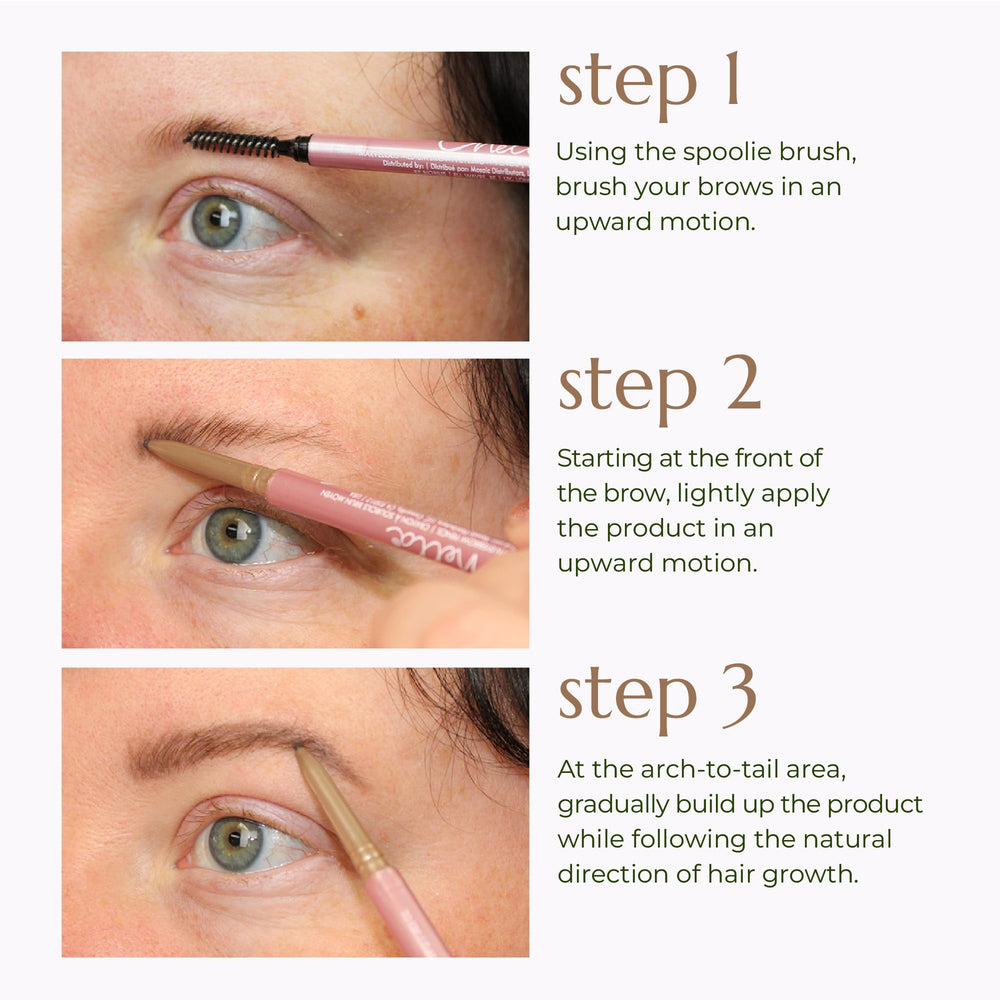Chella Eyebrow Pencil light brown swatch demonstrates soft, buildable color.