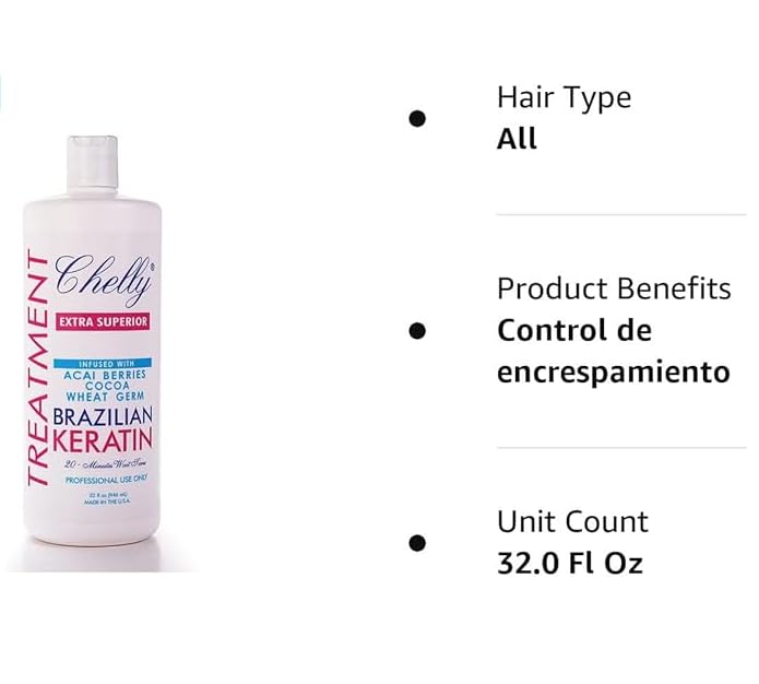 CHELLY Superior Brazilian Keratin bottle-angle shot highlights shine and smoothness after treatment.