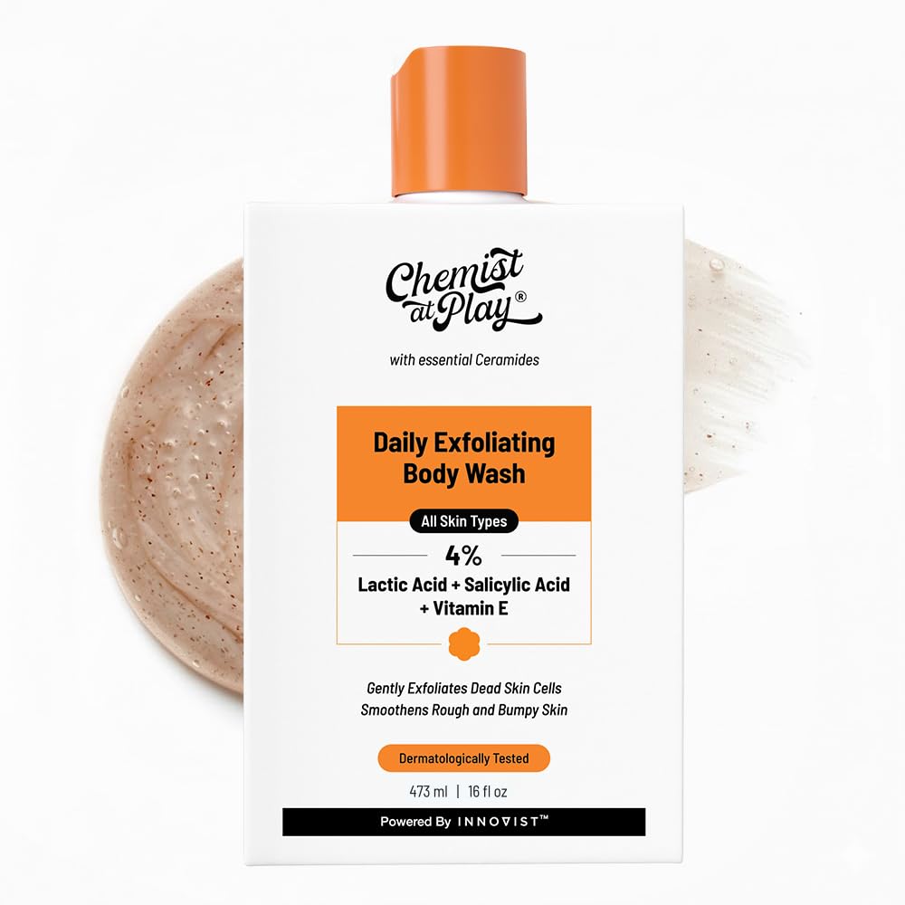 Chemist At Play Exfoliating Body Wash bottle on shelf for daily cleansing