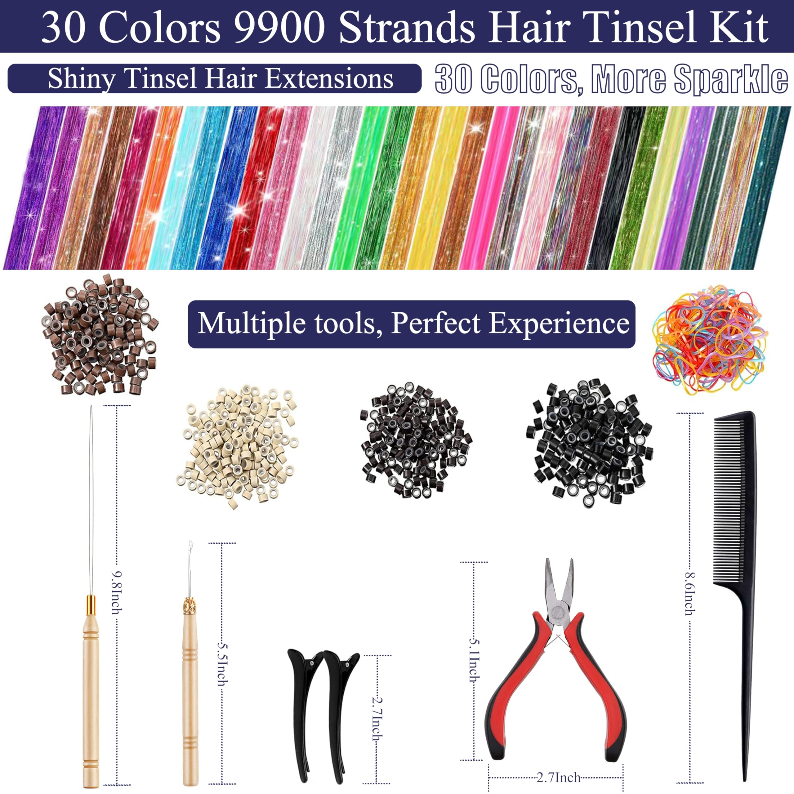 CHENZI 30-color set shows vibrant tinsel strands for versatile looks.